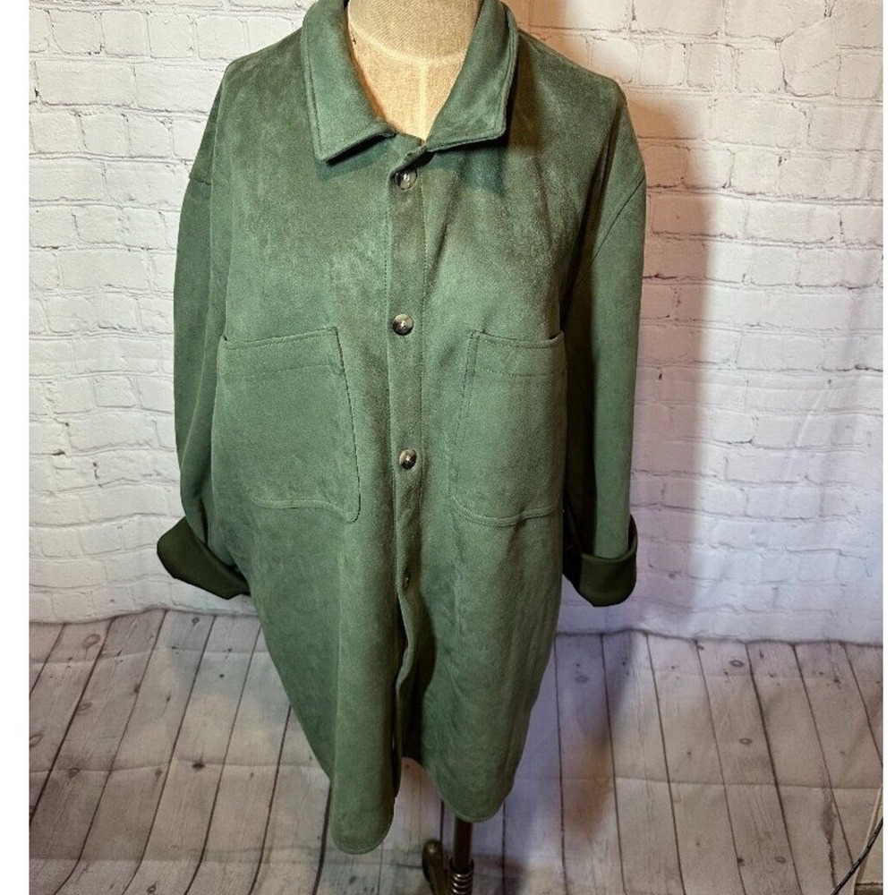 Faux Leather Suede‎ Button Up Shirt Jacket Shacket fall layering Olive Green XL